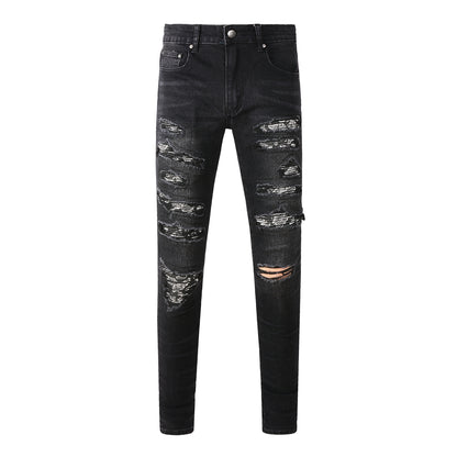 Men’s Black Slim Fit Jeans with Heavy Distressing and Metallic Silver Underlays for an Edgy Streetwear Look 669