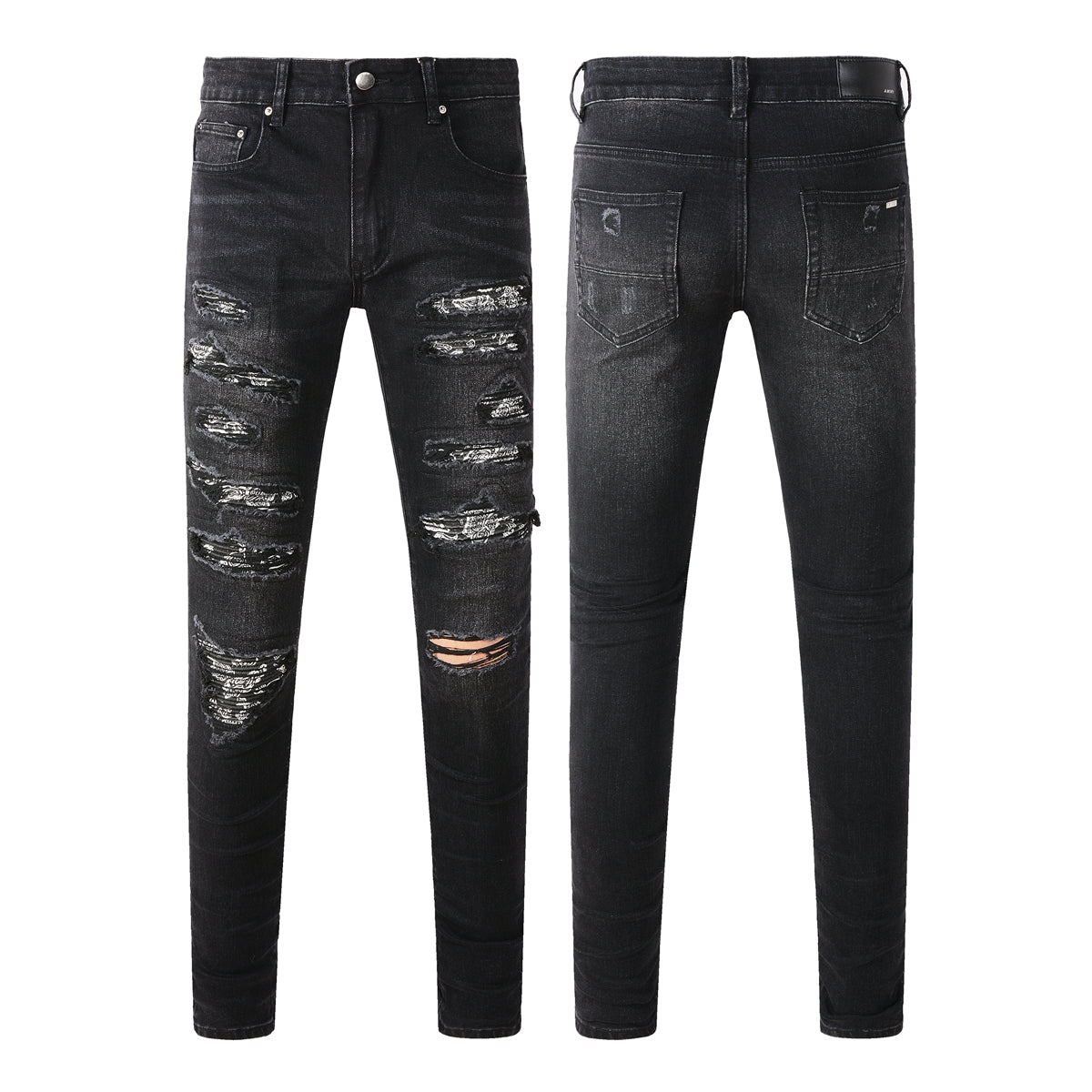 Men’s Black Slim Fit Jeans with Heavy Distressing and Metallic Silver Underlays for an Edgy Streetwear Look 669