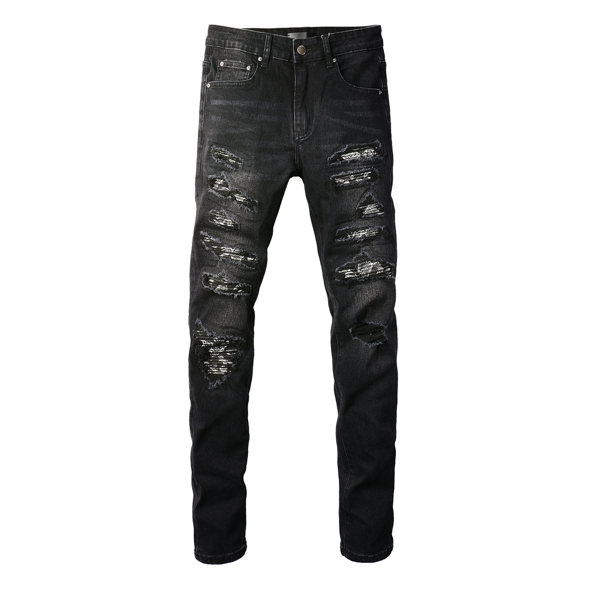Men’s Black Slim Fit Jeans with Heavy Distressing and Metallic Silver Underlays for an Edgy Streetwear Look 669