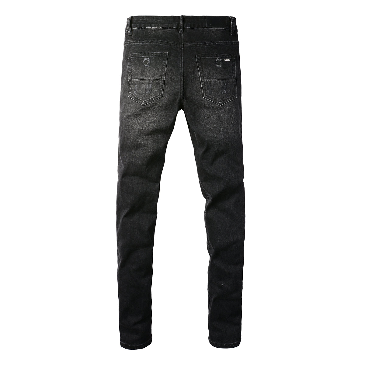 Men’s Black Slim Fit Jeans with Heavy Distressing and Metallic Silver Underlays for an Edgy Streetwear Look 669
