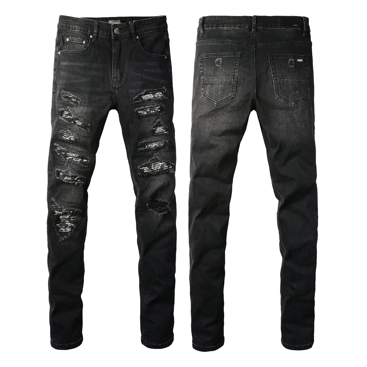 Men’s Black Slim Fit Jeans with Heavy Distressing and Metallic Silver Underlays for an Edgy Streetwear Look 669