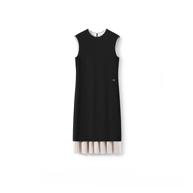 High-Luxury Color-Block Layered Pleated Faux Two-Piece Dress