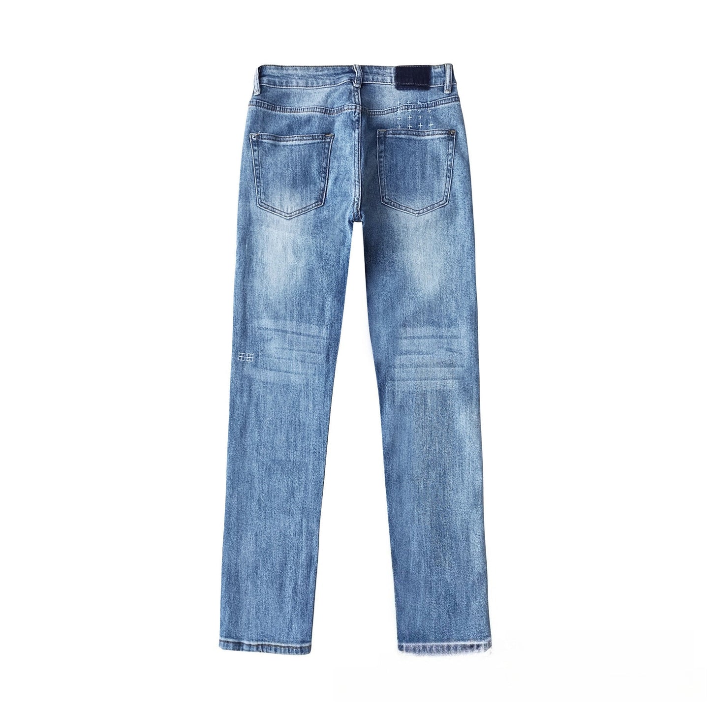 Men's Light Blue Slim Fit Jeans Distressed Wash Cross Embroidery Back Pockets Streetwear Denim