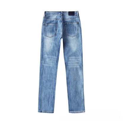 Men's Light Blue Slim Fit Jeans Distressed Wash Cross Embroidery Back Pockets Streetwear Denim