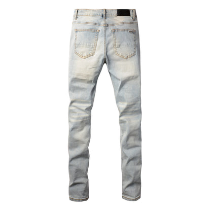Pantalones casuales de mezclilla de calle, jeans ajustados rotos azules para jóvenes de algodón microelástico n.° 697 