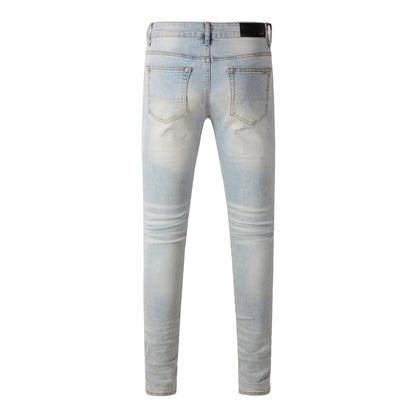 Pantalones casuales de mezclilla de calle, jeans ajustados rotos azules para jóvenes de algodón microelástico n.° 697 
