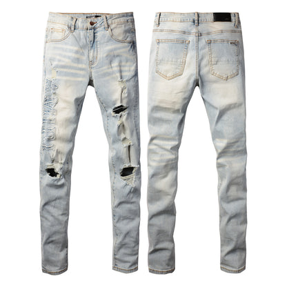 Pantalones casuales de mezclilla de calle, jeans ajustados rotos azules para jóvenes de algodón microelástico n.° 697 