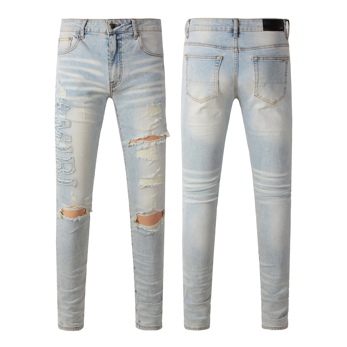 Pantalones casuales de mezclilla de calle, jeans ajustados rotos azules para jóvenes de algodón microelástico n.° 697 