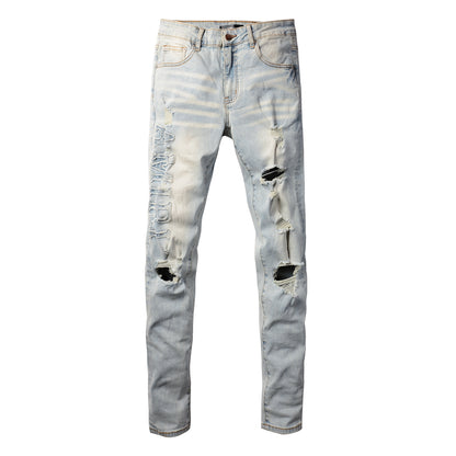 Pantalones casuales de mezclilla de calle, jeans ajustados rotos azules para jóvenes de algodón microelástico n.° 697 