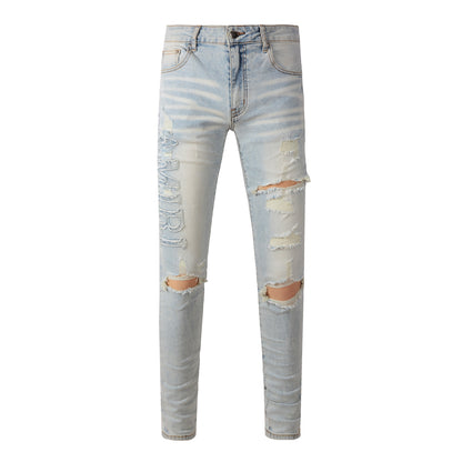 Pantalones casuales de mezclilla de calle, jeans ajustados rotos azules para jóvenes de algodón microelástico n.° 697 