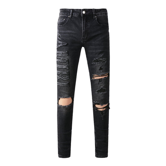 Men’s Black Slim Fit Jeans with Bold Ripped Details and Large Embroidered Lettering for a Statement Street Style 698