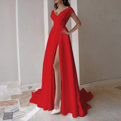 Robe longue de soirée élégante à taille moyenne, couleur unie rouge, noire et blanche, sans bretelles, à volants, SH167