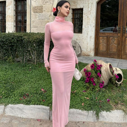 New Sexy Sheer Mesh Long-Sleeve Spaghetti Strap Dress Two-Piece Set D1992970