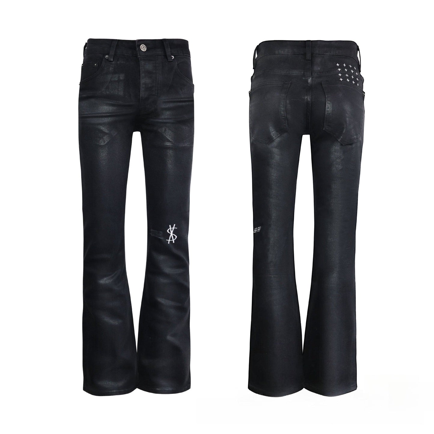 Men's Artistic Coated Black Jeans - Vintage Faded Denim with Green & Yellow Paint Splatter