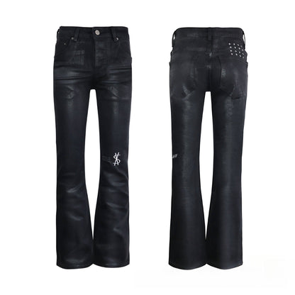 Men's Artistic Coated Black Jeans - Vintage Faded Denim with Green & Yellow Paint Splatter