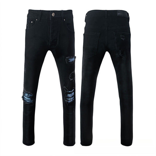 Men's Black Skinny Jeans - Urban Blue Ribbed Patch Repair & Distressed Biker Detail