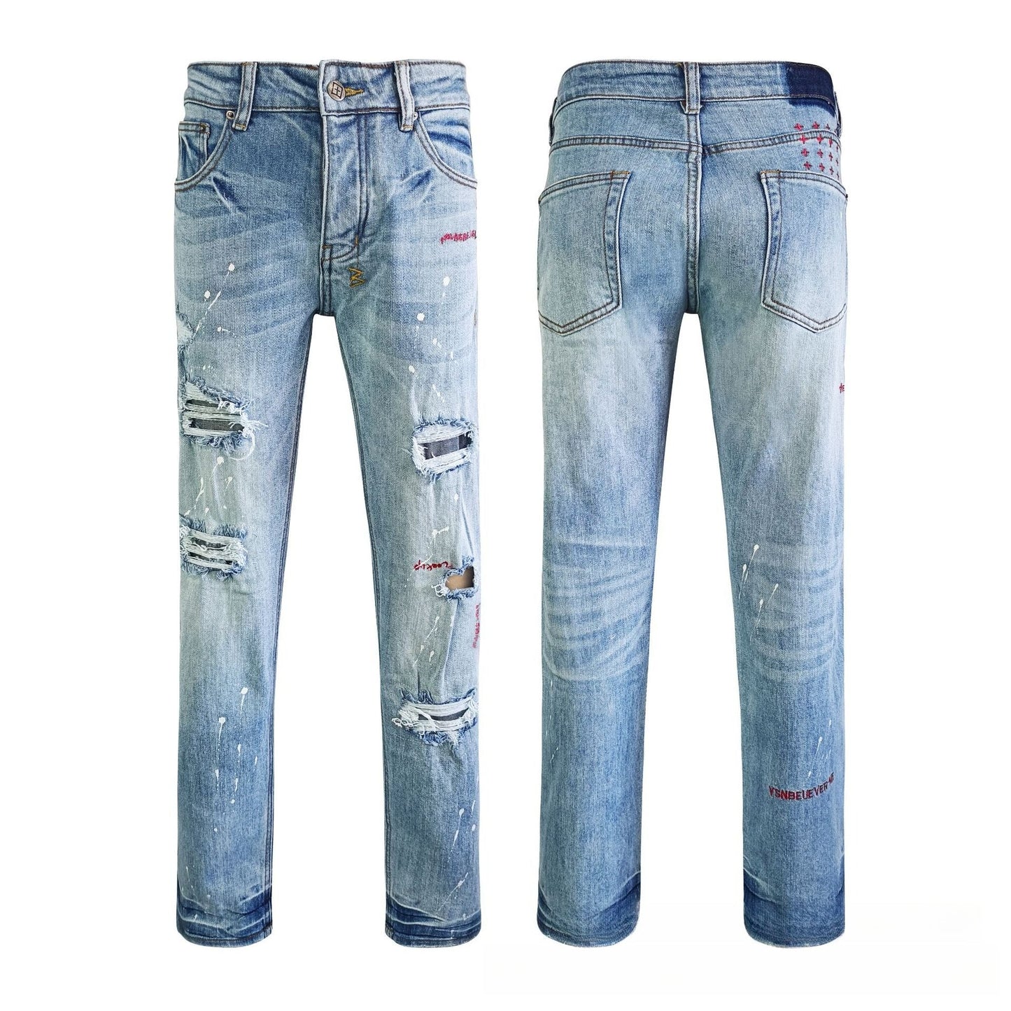 Urban Style Light Blue Denim - Heavily Distressed Ripped Jeans with White Ink Drops