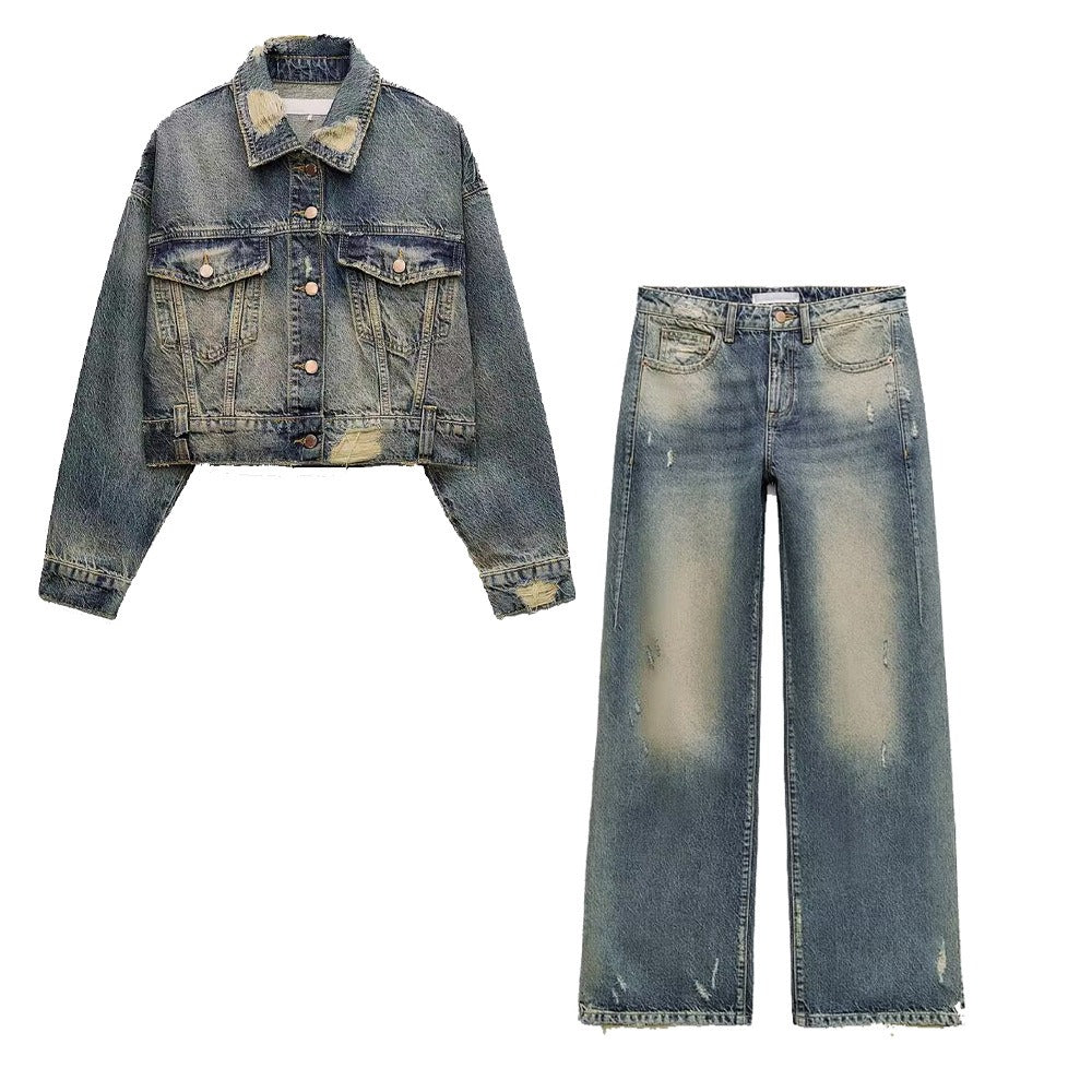 New Turn-Down Collar Loose Distressed Washed Denim Short Jacket and Straight Mid-Rise Jeans 6147095