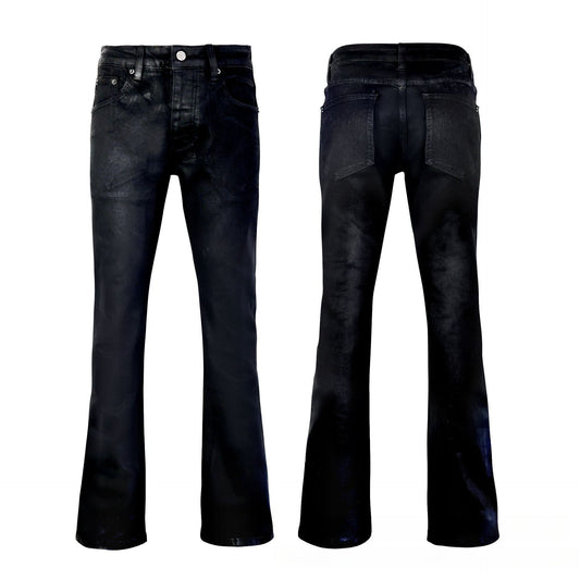 Premium Black Flare Jeans for Men - Avant-Garde Waxed Finish with Distressed Crinkle Wash