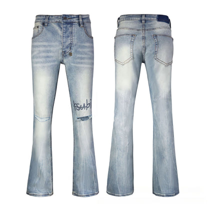 Men's Light Blue Flare Jeans - Minimalist Bleached Wash Denim with Subtle Whisker Texture
