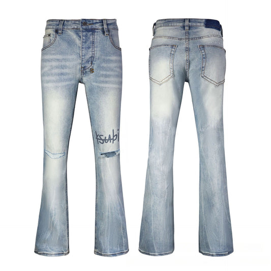Men's Light Blue Flare Jeans - Minimalist Bleached Wash Denim with Subtle Whisker Texture