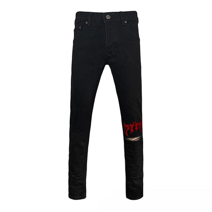 Black Vintage Ripped Flare Jeans with Red Flame-Style Embroidery - Slim Fit Bell Bottom Denim