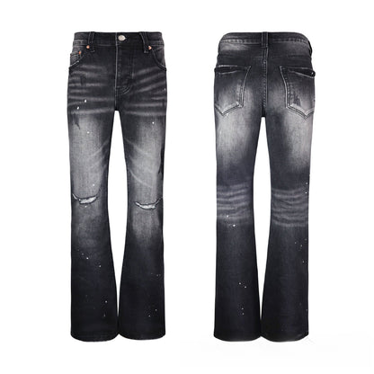 Premium Charcoal Black Denim - Artistic Paint Splatter Detail with High-Contrast Fading