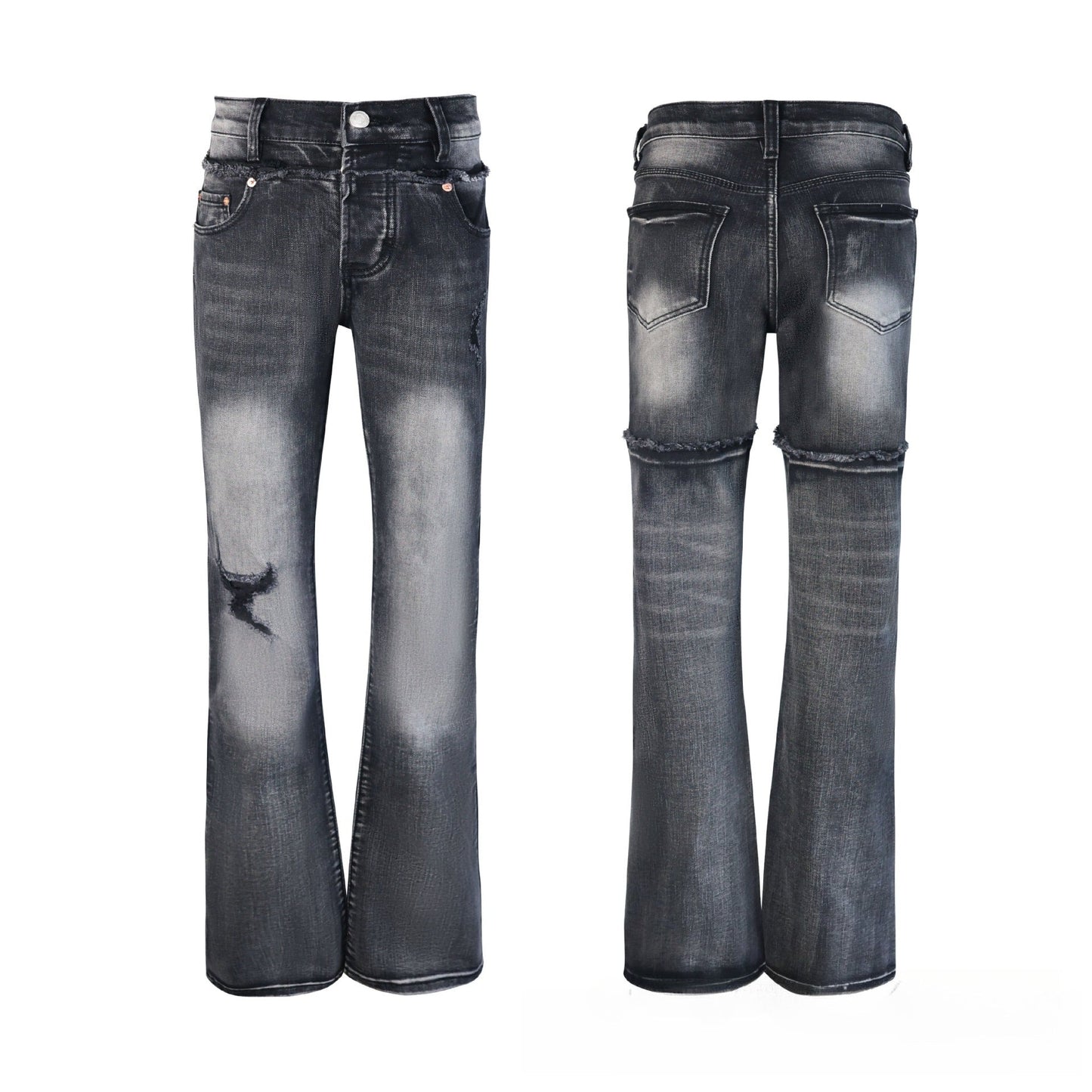 Dark Grey Ombre Distressed Flare Jeans - High Waisted Knee Rip Bootcut