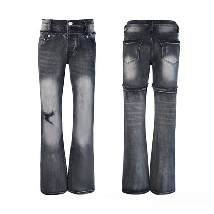 Dark Grey Ombre Distressed Flare Jeans - High Waisted Knee Rip Bootcut