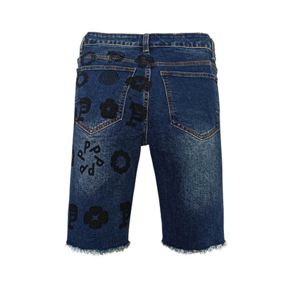 Men's Dark Blue Denim Shorts with All-Over Black P & Floral Print - Distressed Raw Hem Casual Jean Shorts