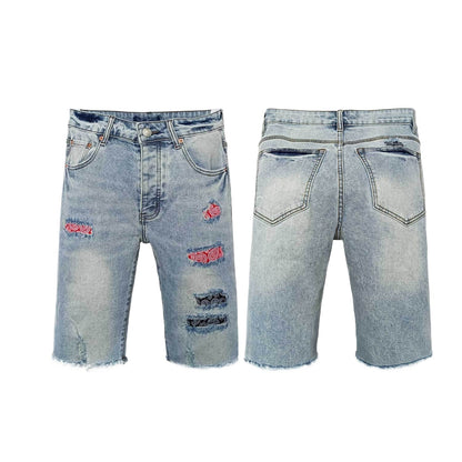 Men's Ripped Denim Shorts Light Blue Wash with Red Rose & Paisley Embroidery - Distressed Raw Hem Jean Shorts