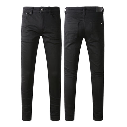 High Street Black Trousers Crumpled Jeans Stretch Men's Slim-Fit Small Foot Jeans 800