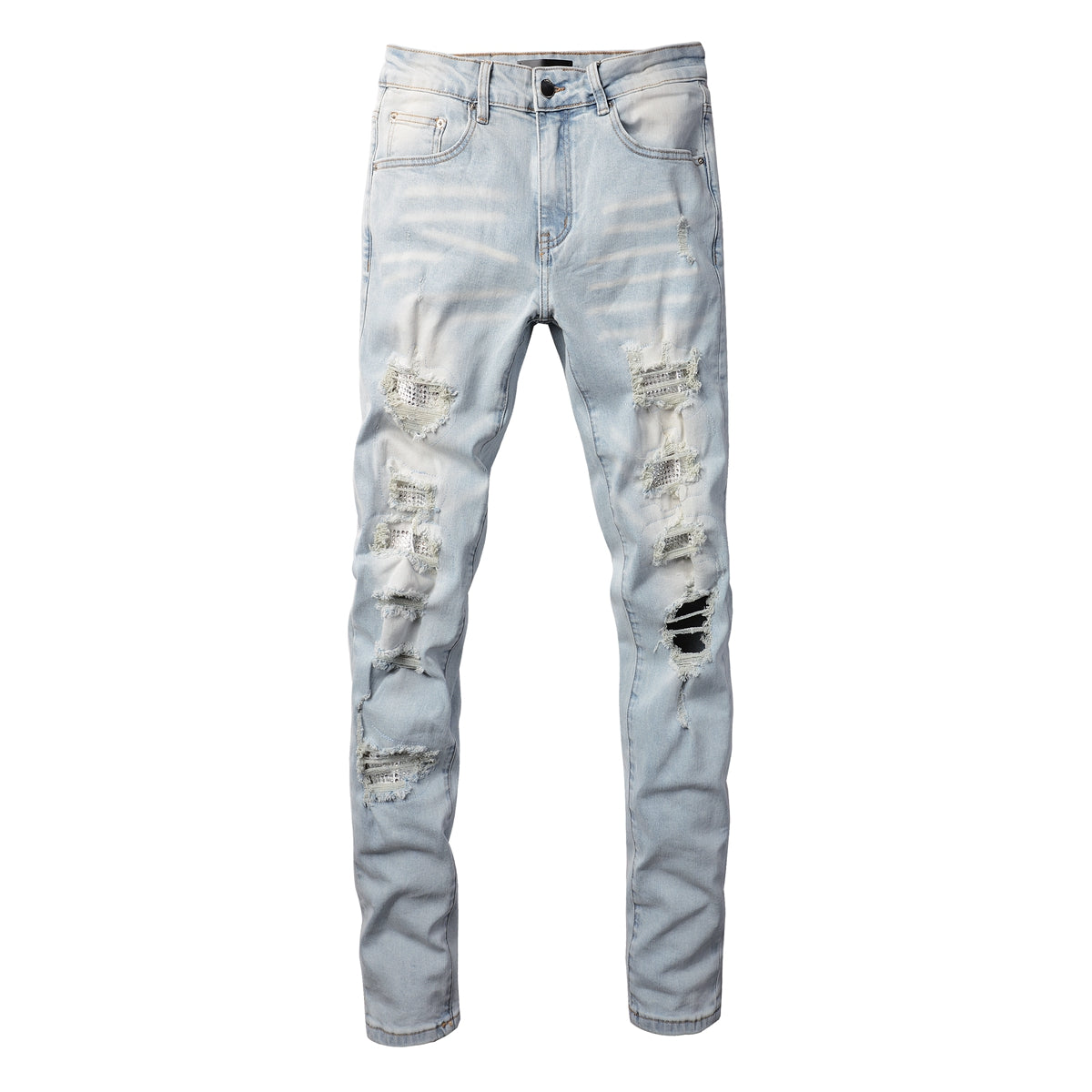 Pantalones casuales de mezclilla de comercio exterior High Street de algodón microelástico para jóvenes, jeans ajustados rotos azules 808