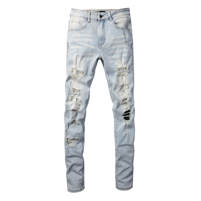 Pantalones casuales de mezclilla de comercio exterior High Street de algodón microelástico para jóvenes, jeans ajustados rotos azules 808