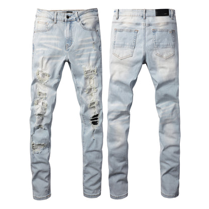 Pantalones casuales de mezclilla de comercio exterior High Street de algodón microelástico para jóvenes, jeans ajustados rotos azules 808