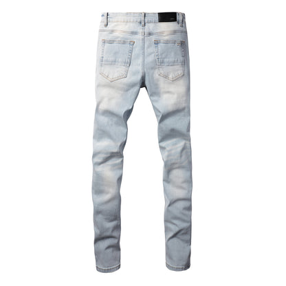 Pantalones casuales de mezclilla de comercio exterior High Street de algodón microelástico para jóvenes, jeans ajustados rotos azules 808