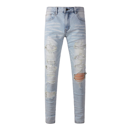 Pantalones casuales de mezclilla de comercio exterior High Street de algodón microelástico para jóvenes, jeans ajustados rotos azules 808