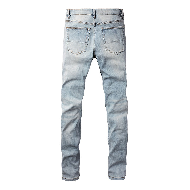 Pantalones casuales de mezclilla de comercio exterior High Street de algodón microelástico para jóvenes, jeans ajustados rotos azules 808