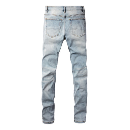 Pantalones casuales de mezclilla de comercio exterior High Street de algodón microelástico para jóvenes, jeans ajustados rotos azules 808
