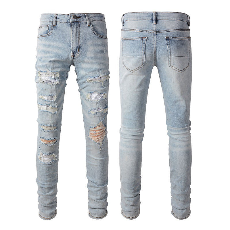 Pantalones casuales de mezclilla de comercio exterior High Street de algodón microelástico para jóvenes, jeans ajustados rotos azules 808
