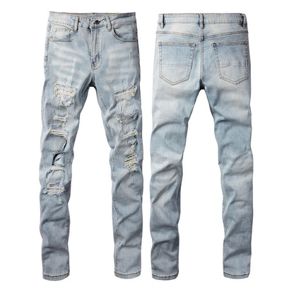 Pantalones casuales de mezclilla de comercio exterior High Street de algodón microelástico para jóvenes, jeans ajustados rotos azules 808