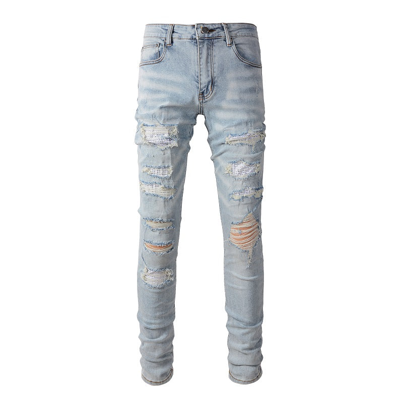 Pantalones casuales de mezclilla de comercio exterior High Street de algodón microelástico para jóvenes, jeans ajustados rotos azules 808