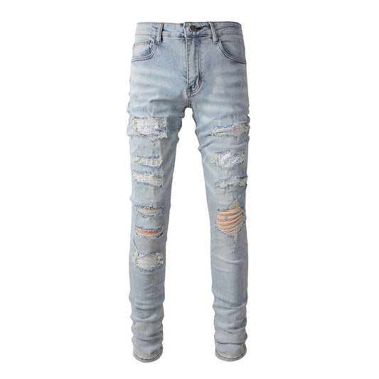 Pantalones casuales de mezclilla de comercio exterior High Street de algodón microelástico para jóvenes, jeans ajustados rotos azules 808