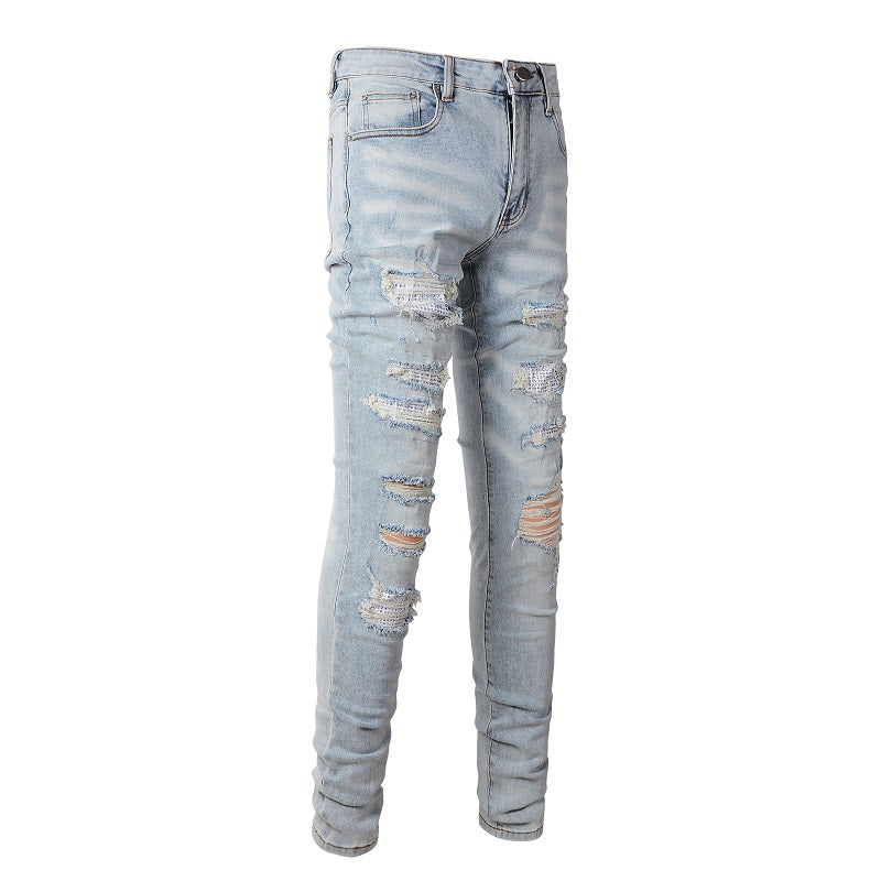 Pantalones casuales de mezclilla de comercio exterior High Street de algodón microelástico para jóvenes, jeans ajustados rotos azules 808