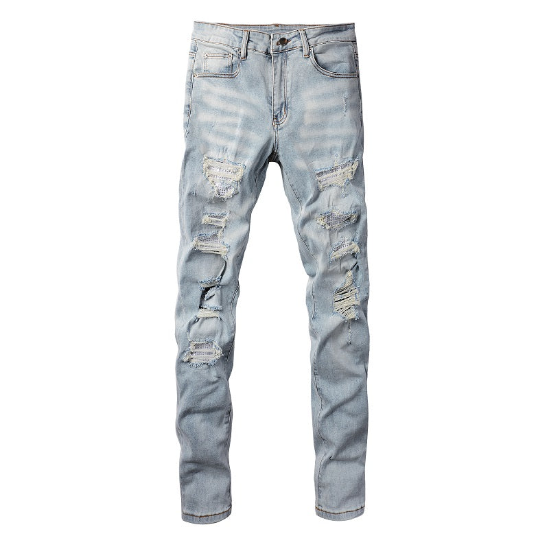 Pantalones casuales de mezclilla de comercio exterior High Street de algodón microelástico para jóvenes, jeans ajustados rotos azules 808