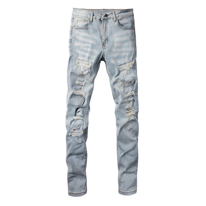 Pantalones casuales de mezclilla de comercio exterior High Street de algodón microelástico para jóvenes, jeans ajustados rotos azules 808