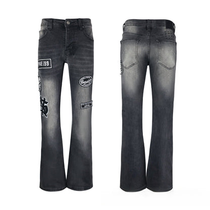 Premium Charcoal Black Denim - Iconic Cross Embroidery Detail with Rugged Aged Finish