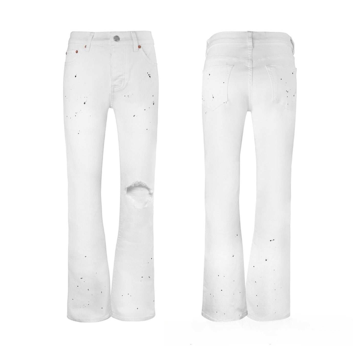 Men's White Flare Jeans - Artistic Black Paint Splatter Denim with Rugged Knee Rip