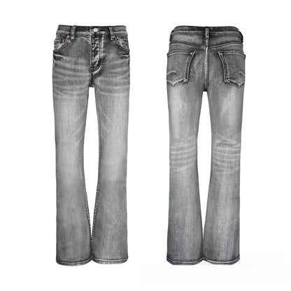 Grey Tone Acid Wash Ripped Flare Jeans - Distressed High Waisted Wide Leg Denim