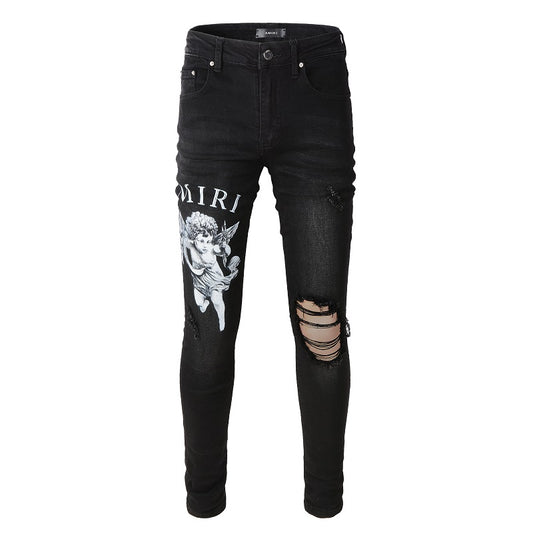 Street Letters Angel Pattern Digital Print Denim Micro Elastic Cotton Black Skinny Jeans 817
